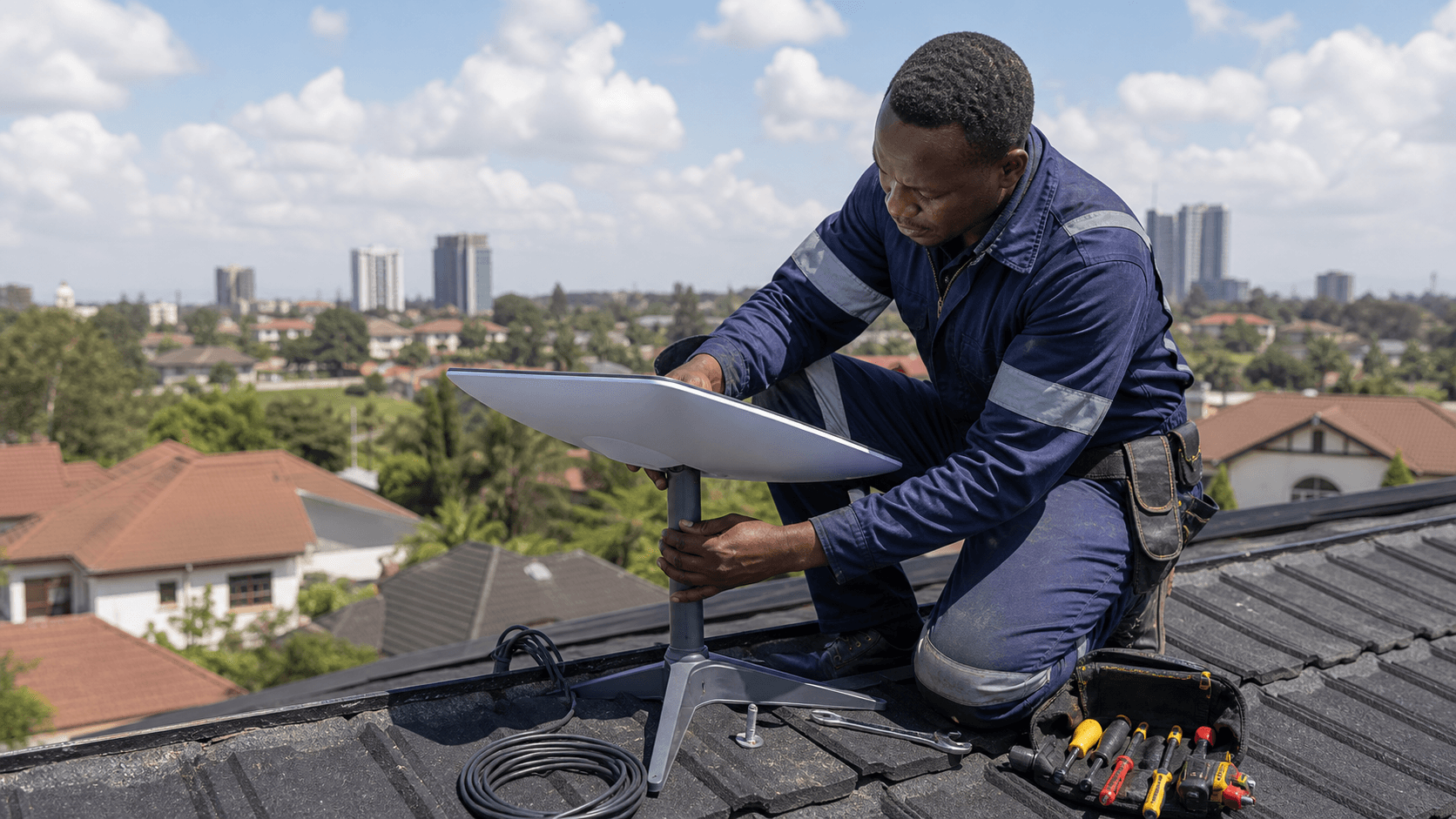 Technician installing a LEO satellite internet dish in Nairobi