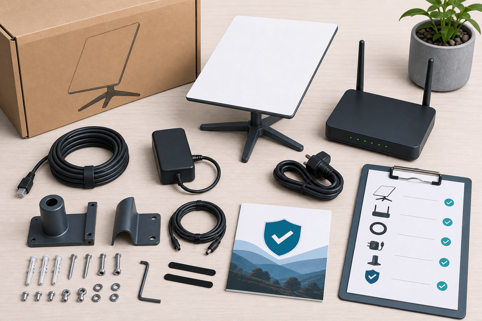 Amazon Leo Internet kit contents in Kenya with a clearly rectangular satellite terminal