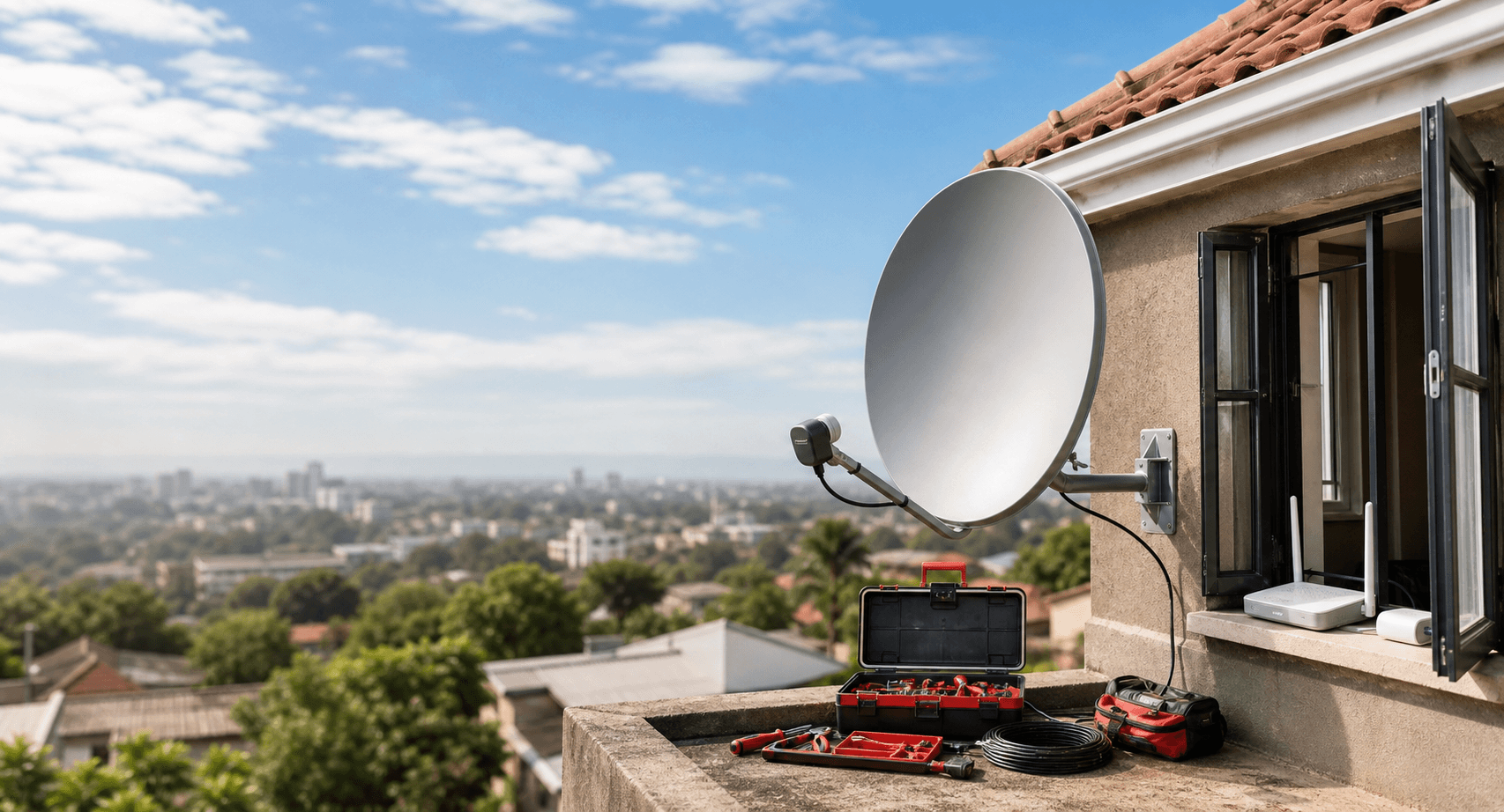 Satellite internet dish installed on a rooftop in Kenya for a Starlink configuration guide
