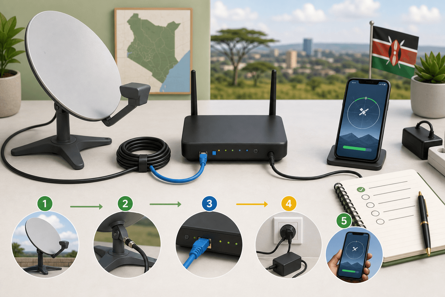 Starlink configuration workflow showing dish, router, phone app, Ethernet cable and power adapter